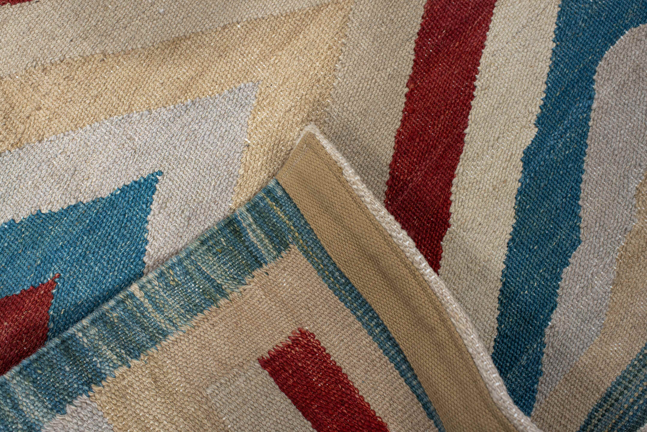 3' x 9' one-of-a-kind handmade vintage Kilim runner rug. Color palette: blue, brown, gray, light gray, off-white, orange