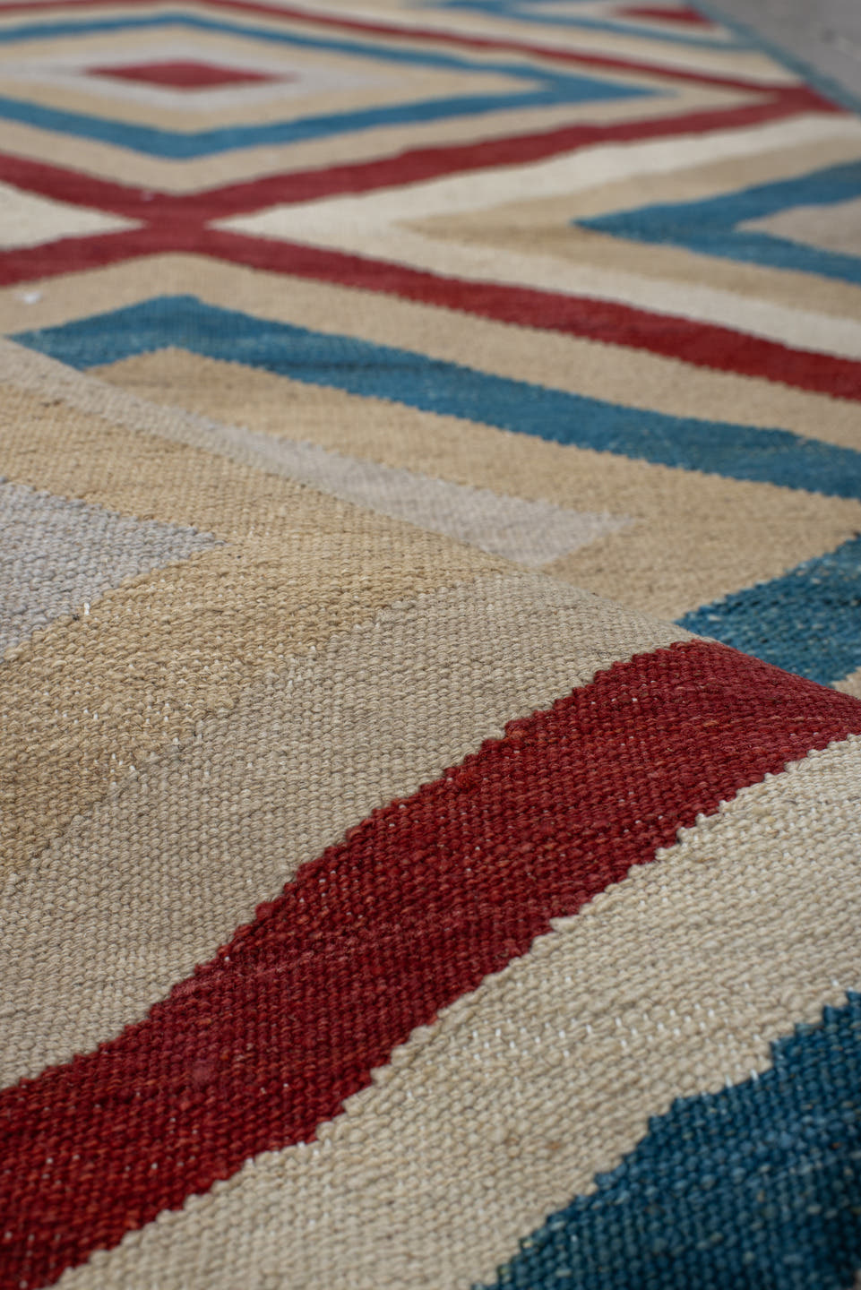 3' x 9' one-of-a-kind handmade vintage Kilim runner rug. Color palette: ivory, sky blue, rust, camel, light gray, light blue