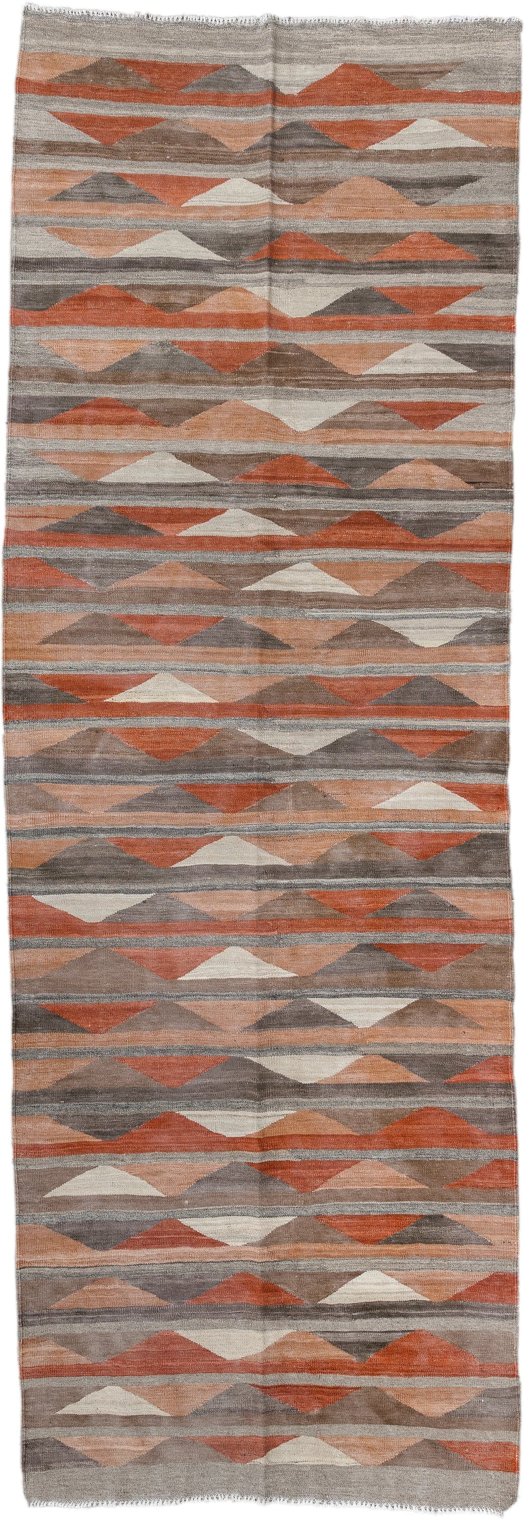 3' x 9' one-of-a-kind handmade vintage Kilim runner rug. Color palette: taupe, rust, terra cotta, gray, ivory, peach, beige