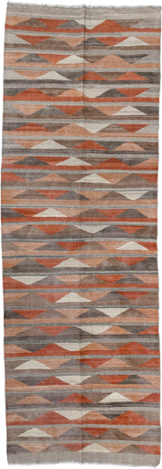 3' x 9' one-of-a-kind handmade vintage Kilim runner rug. Color palette: taupe, rust, terra cotta, gray, ivory, peach, beige