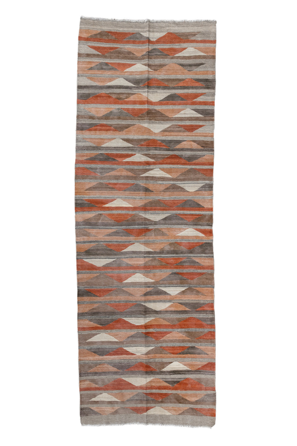 3' x 9' one-of-a-kind handmade vintage Kilim runner rug. Color palette: brown, gray, light gray, off-white, pink