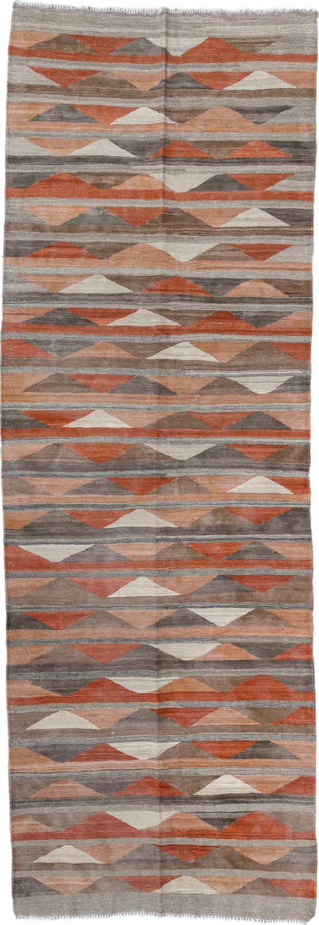 3' x 9' one-of-a-kind handmade vintage Kilim runner rug. Color palette: taupe, rust, terra cotta, gray, ivory, peach, beige