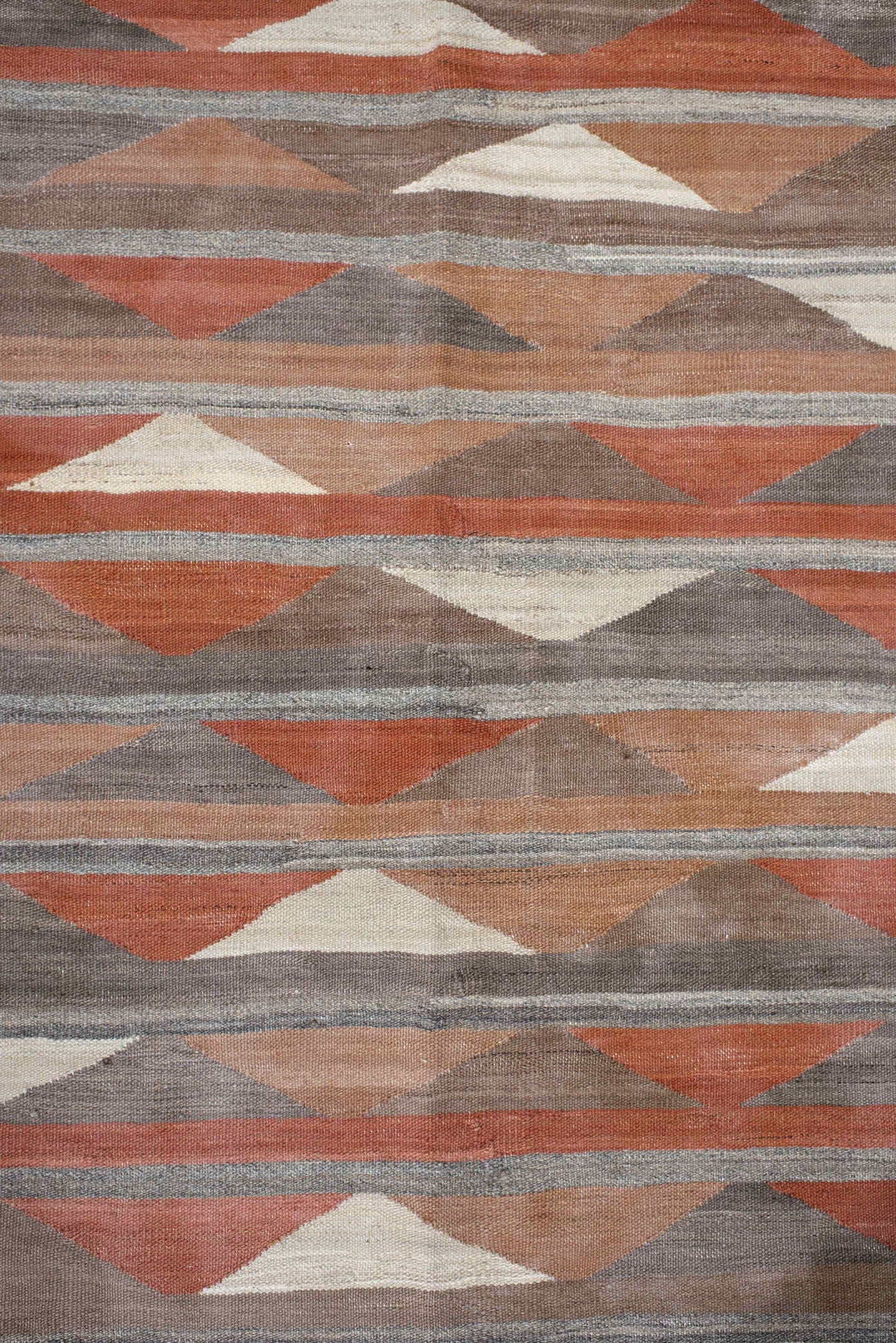 3' x 9' one-of-a-kind handmade vintage Kilim runner rug. Color palette: taupe, rust, terra cotta, gray, ivory, peach, beige