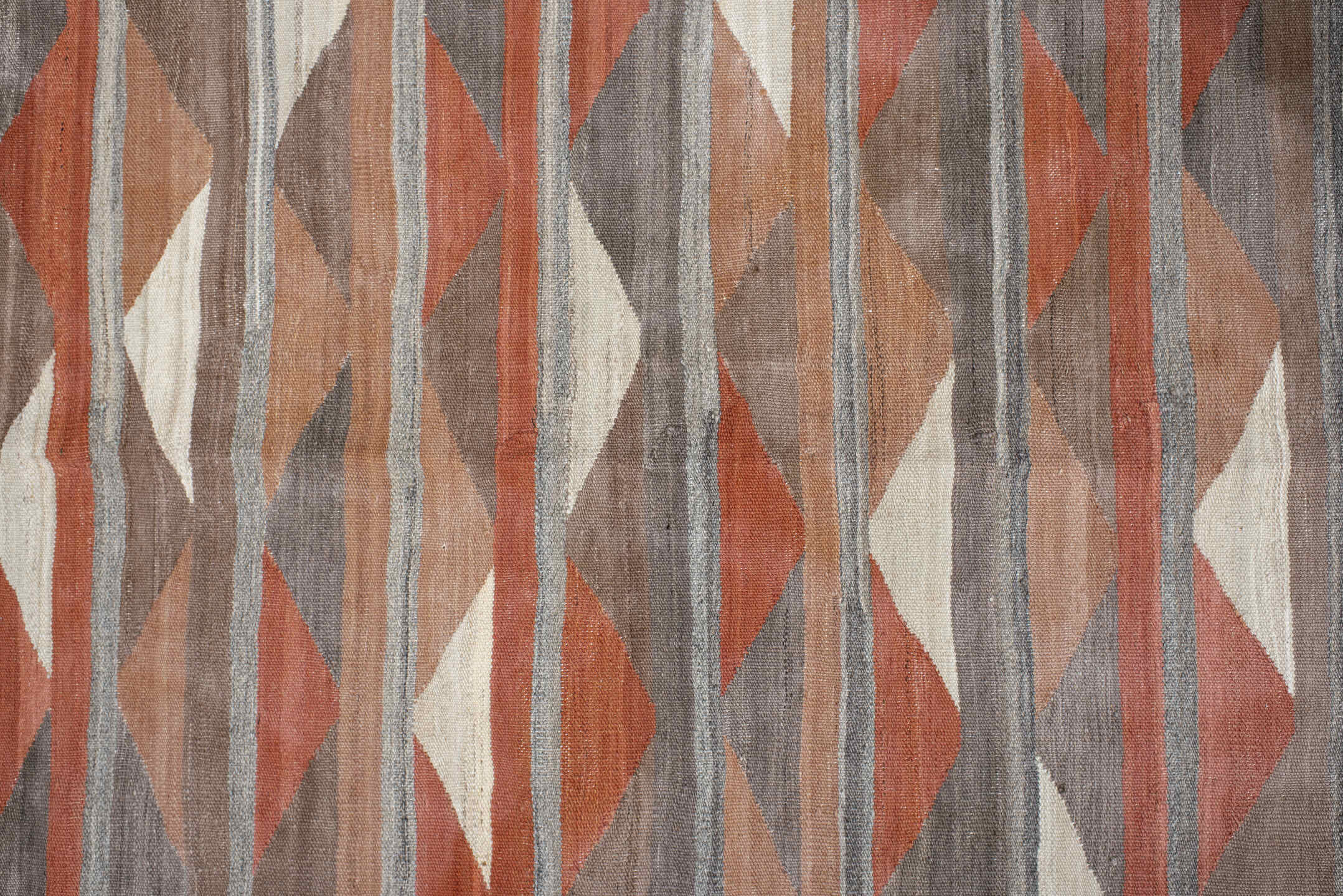 3' x 9' one-of-a-kind handmade vintage Kilim runner rug. Color palette: brown, gray, light gray, off-white, pink