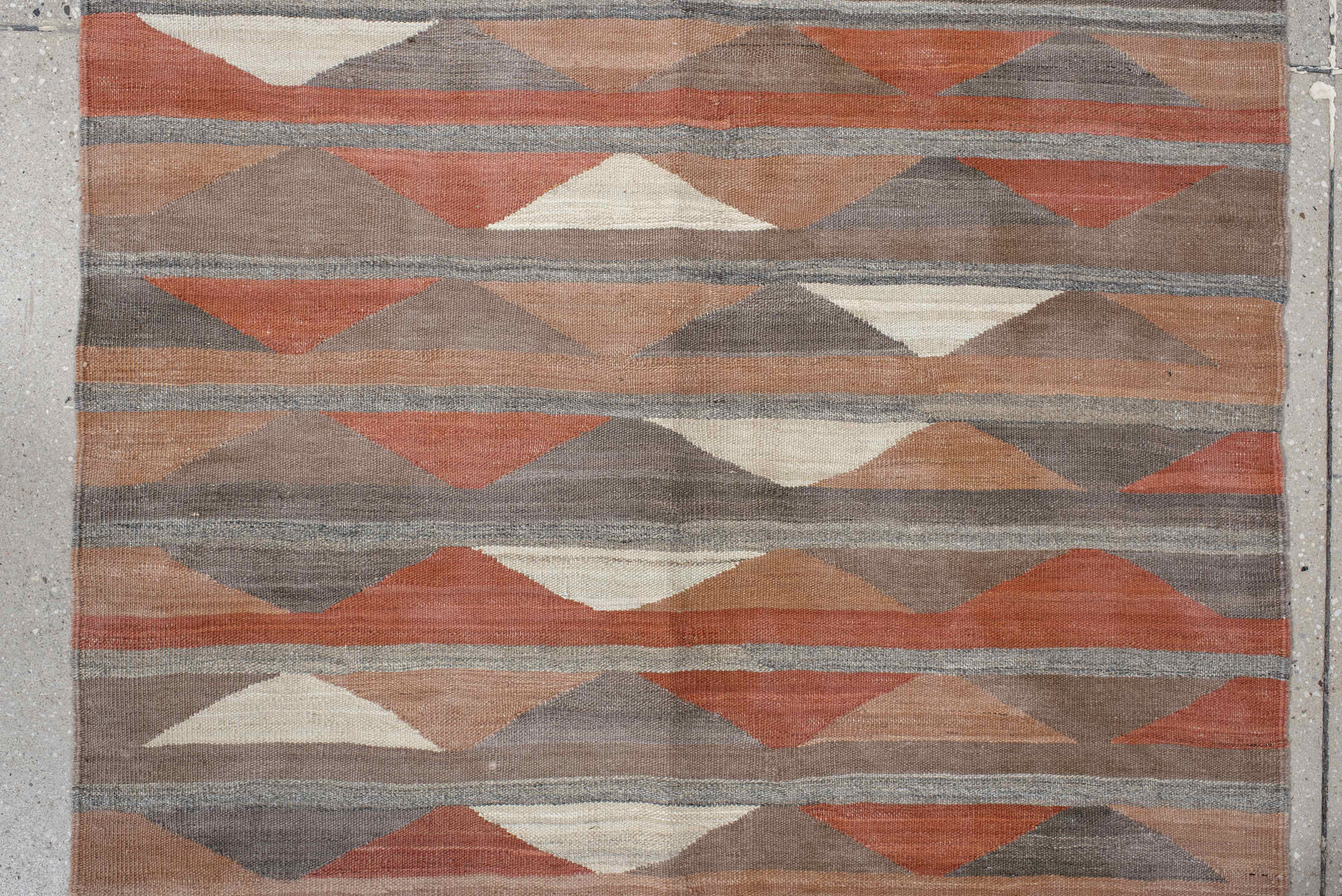 3' x 9' one-of-a-kind handmade vintage Kilim runner rug. Color palette: taupe, rust, terra cotta, gray, ivory, peach, beige