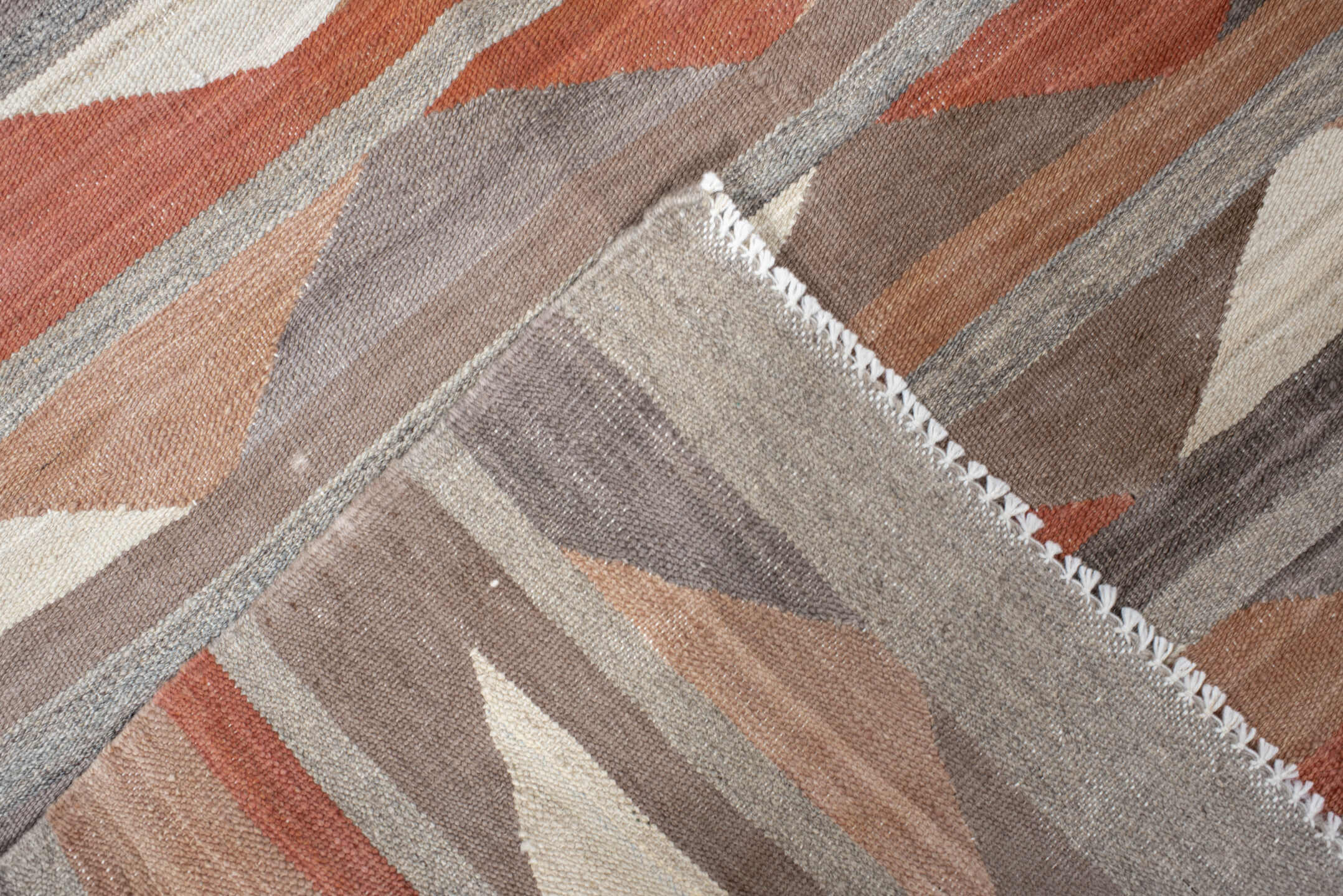 3' x 9' one-of-a-kind handmade vintage Kilim runner rug. Color palette: taupe, rust, terra cotta, gray, ivory, peach, beige