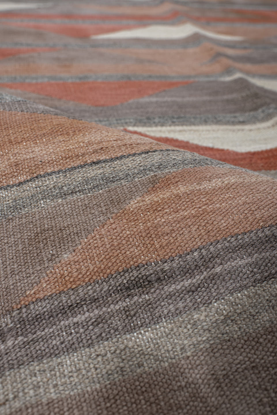 3' x 9' one-of-a-kind handmade vintage Kilim runner rug. Color palette: taupe, rust, terra cotta, gray, ivory, peach, beige