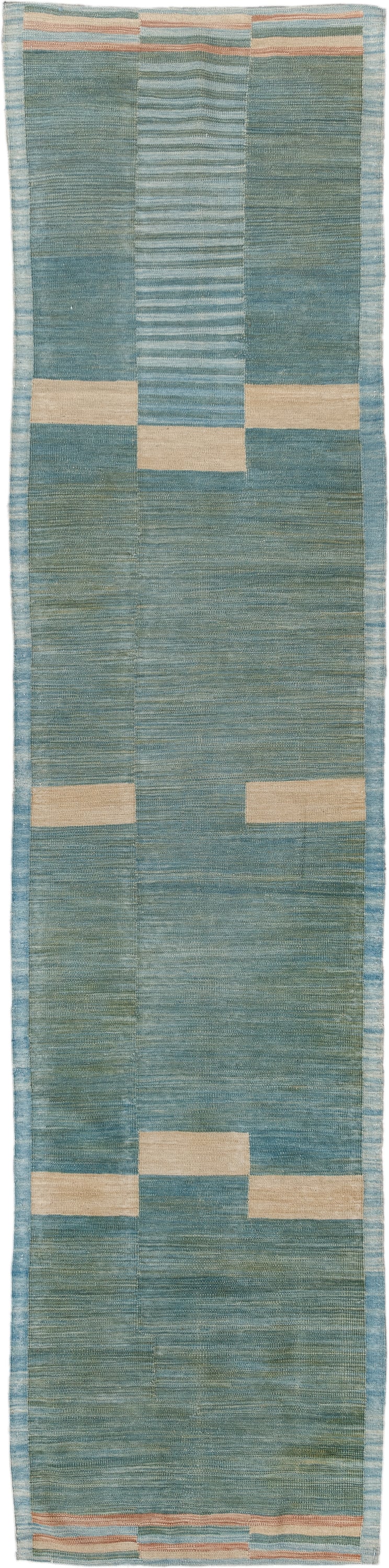 2' x 7' one-of-a-kind handmade vintage Kilim runner rug. Color palette: aqua, ivory, blush, sky blue, sage, teal, pink