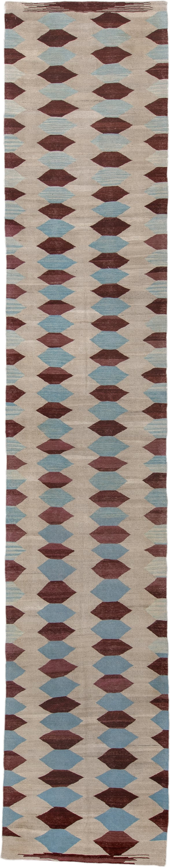 2' x 15' one-of-a-kind handmade vintage Kilim runner rug. Color palette: ivory, burgundy, sky_blue, taupe, light blue, beige