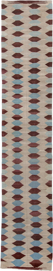 2' x 15' one-of-a-kind handmade vintage Kilim runner rug. Color palette: ivory, burgundy, sky_blue, taupe, light blue, beige