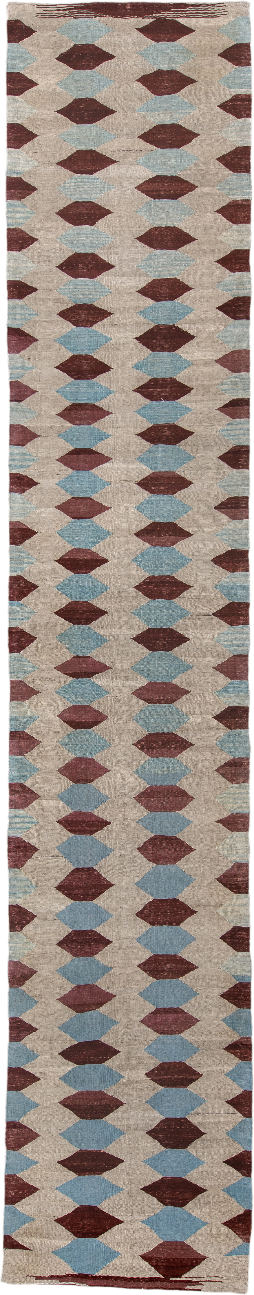 2' x 15' one-of-a-kind handmade vintage Kilim runner rug. Color palette: ivory, burgundy, sky_blue, taupe, light blue, beige