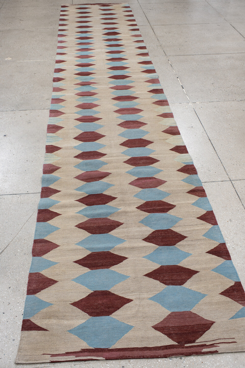 2' x 15' one-of-a-kind handmade vintage Kilim runner rug. Color palette: ivory, burgundy, sky_blue, taupe, light blue, beige