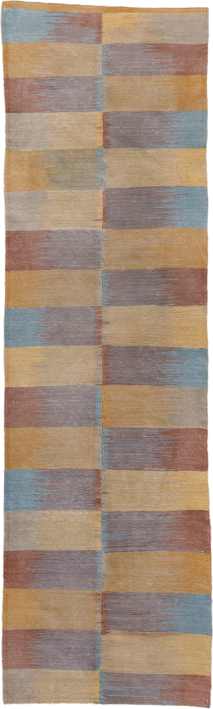 2' x 7' one-of-a-kind handmade vintage Kilim runner rug. Color palette: gold, taupe, rose, sky blue, beige, gray, pink, red