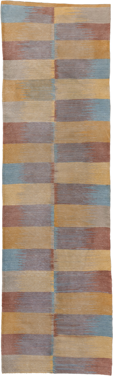 2' x 7' one-of-a-kind handmade vintage Kilim runner rug. Color palette: gold, taupe, rose, sky blue, beige, gray, pink, red
