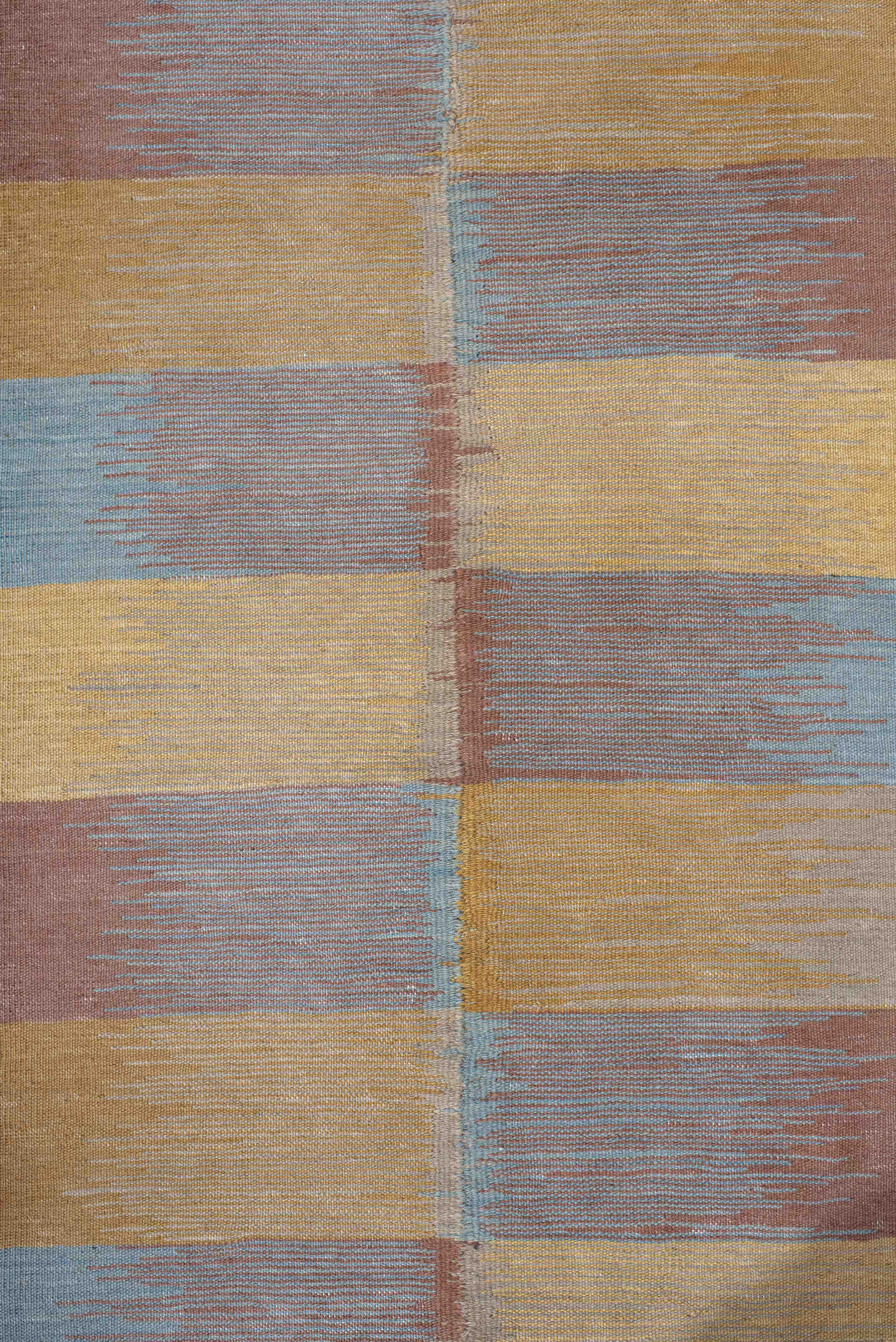 2' x 7' one-of-a-kind handmade vintage Kilim runner rug. Color palette: gold, taupe, rose, sky blue, beige, gray, pink, red