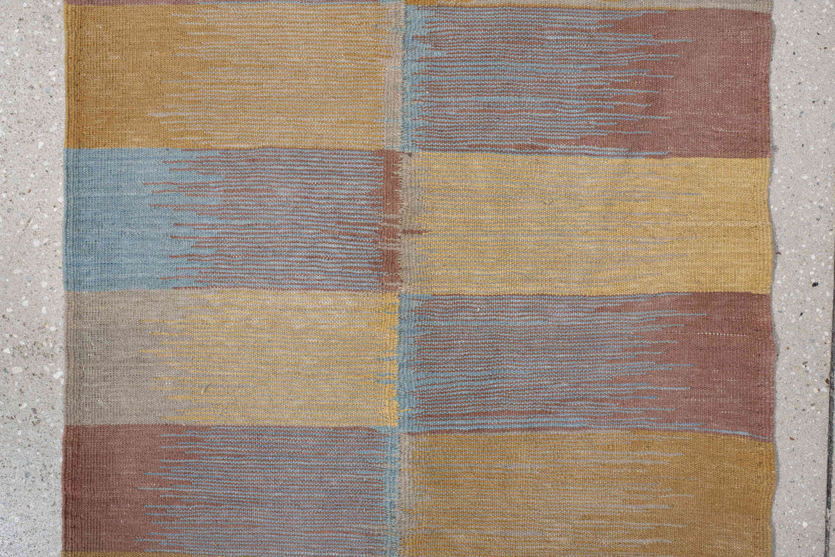 2' x 7' one-of-a-kind handmade vintage Kilim runner rug. Color palette: gold, taupe, rose, sky blue, beige, gray, pink, red