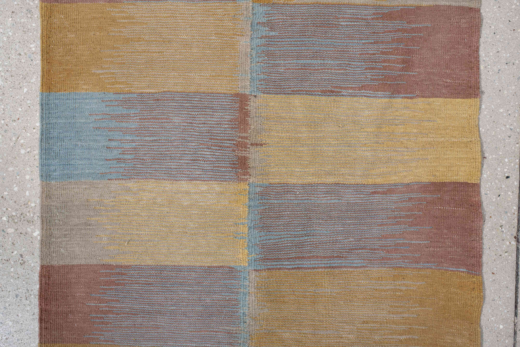 2' x 7' one-of-a-kind handmade vintage Kilim runner rug. Color palette: gold, taupe, rose, sky blue, beige, gray, pink, red