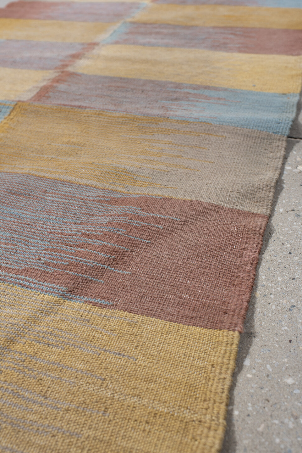 2' x 7' one-of-a-kind handmade vintage Kilim runner rug. Color palette: gold, taupe, rose, sky blue, beige, gray, pink, red