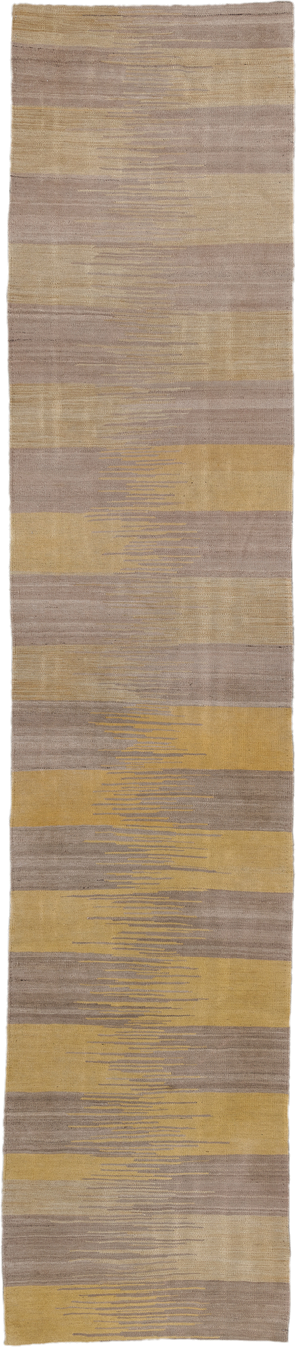 2' x 12' one-of-a-kind handmade vintage Kilim runner rug. Color palette: taupe, camel, gold, beige, gray