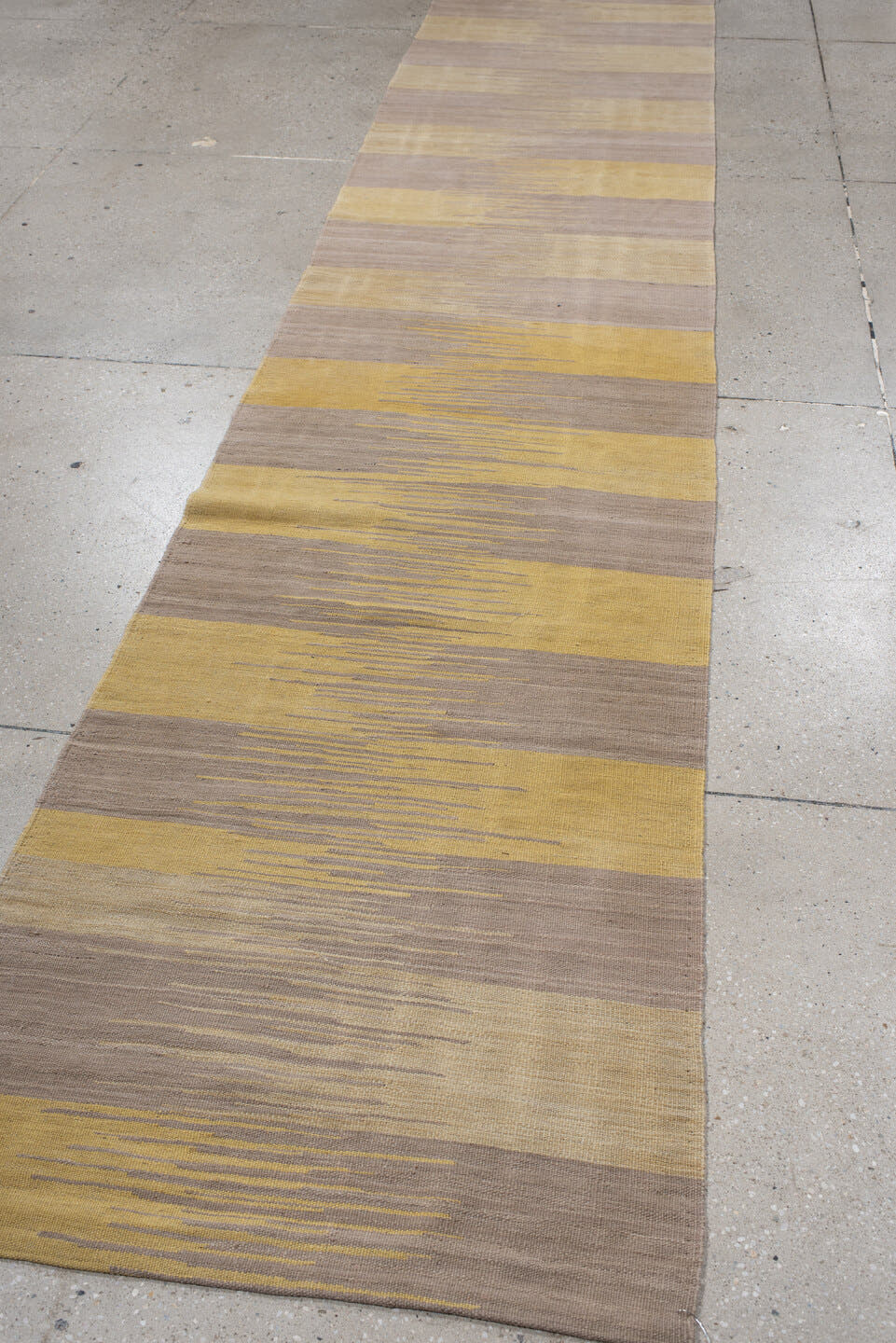 2' x 12' one-of-a-kind handmade vintage Kilim runner rug. Color palette: taupe, camel, gold, beige, gray