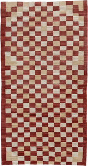 3' x 6' one-of-a-kind handmade vintage Kilim small size rug. Color palette: rust, ivory, beige, terra cotta, terracotta