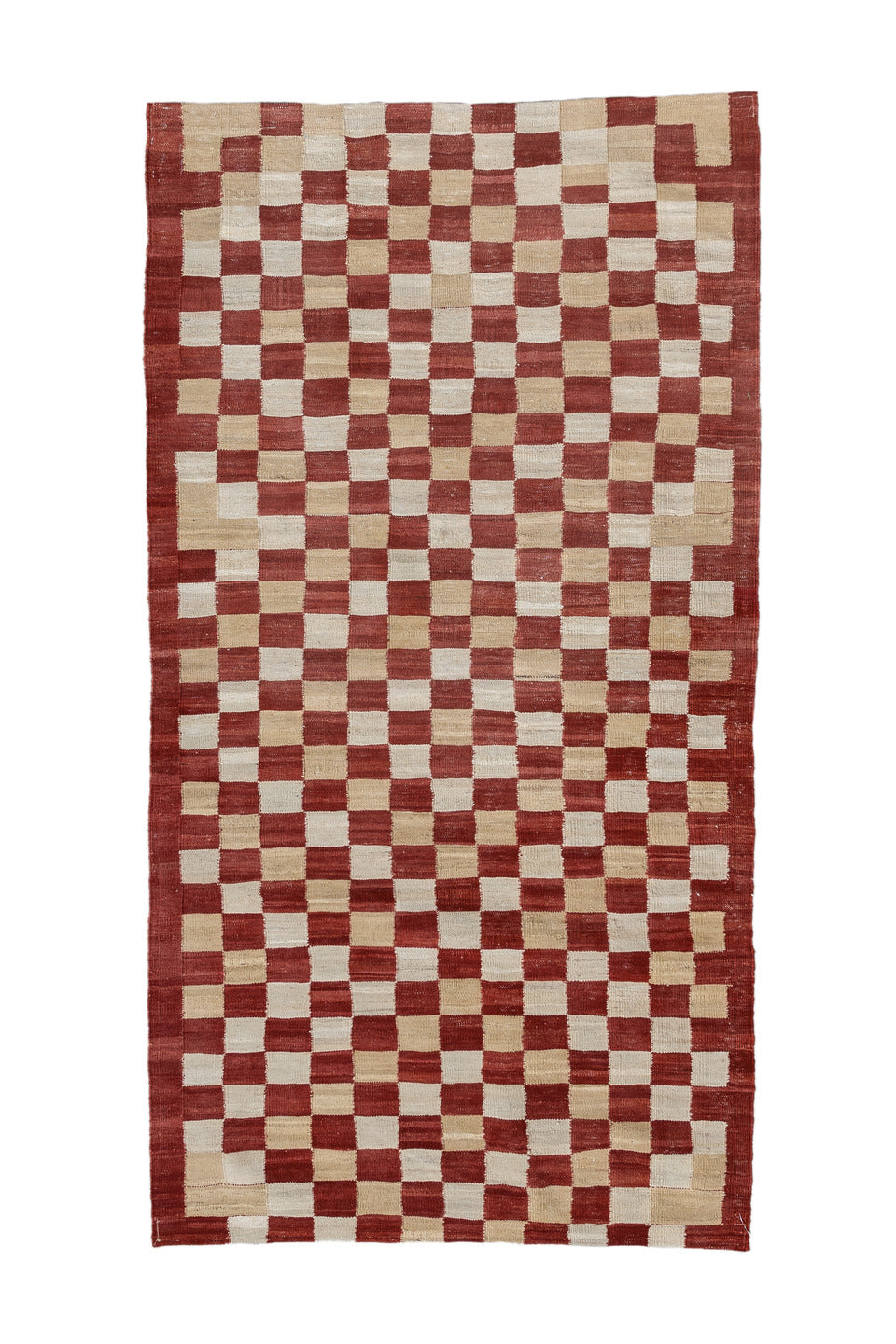 3' x 6' one-of-a-kind handmade vintage Kilim small size rug. Color palette: pink, red, brown, off-white, gray, orange