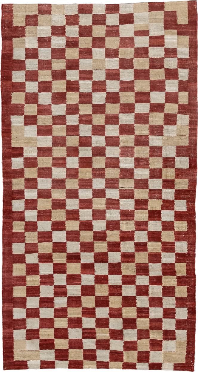 3' x 6' one-of-a-kind handmade vintage Kilim small size rug. Color palette: rust, ivory, beige, terra cotta, terracotta