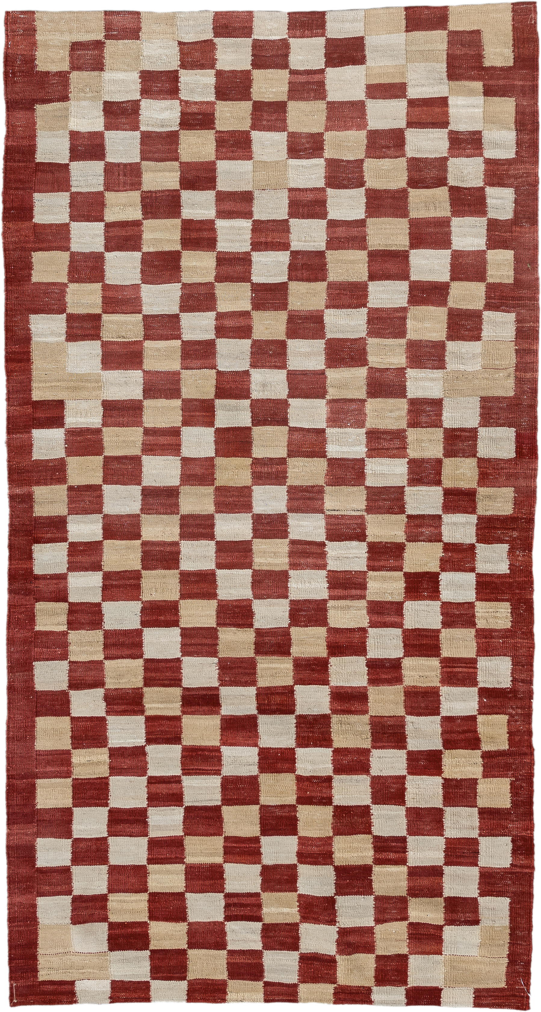 3' x 6' one-of-a-kind handmade vintage Kilim small size rug. Color palette: rust, ivory, beige, terra cotta, terracotta