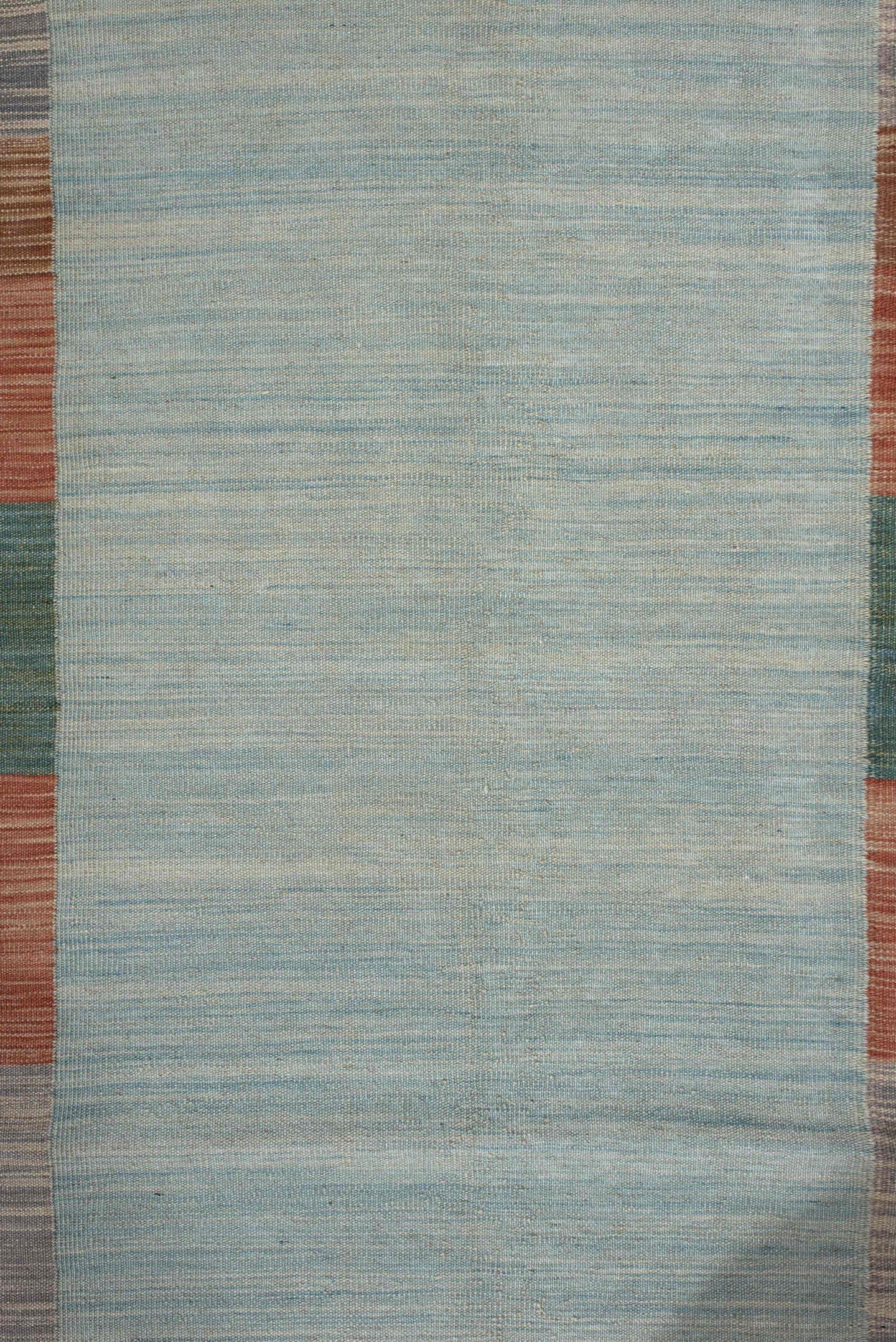 2' x 6' one-of-a-kind handmade vintage Kilim runner rug. Color palette: light blue, rust, gray, sage, taupe, terracotta