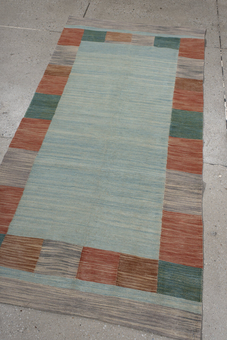 2' x 6' one-of-a-kind handmade vintage Kilim runner rug. Color palette: light blue, rust, gray, sage, taupe, terracotta