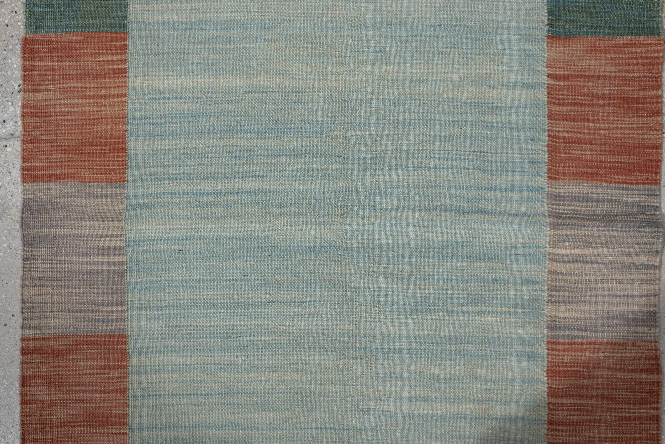 2' x 6' one-of-a-kind handmade vintage Kilim runner rug. Color palette: light blue, rust, gray, sage, taupe, terracotta