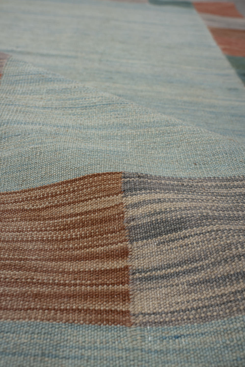 2' x 6' one-of-a-kind handmade vintage Kilim runner rug. Color palette: light blue, rust, gray, sage, taupe, terracotta