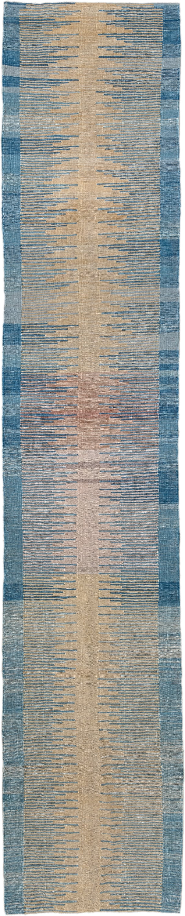 2' x 13' one-of-a-kind handmade vintage Kilim runner rug. Color palette: ivory, sky_blue, slate_blue, taupe, rose