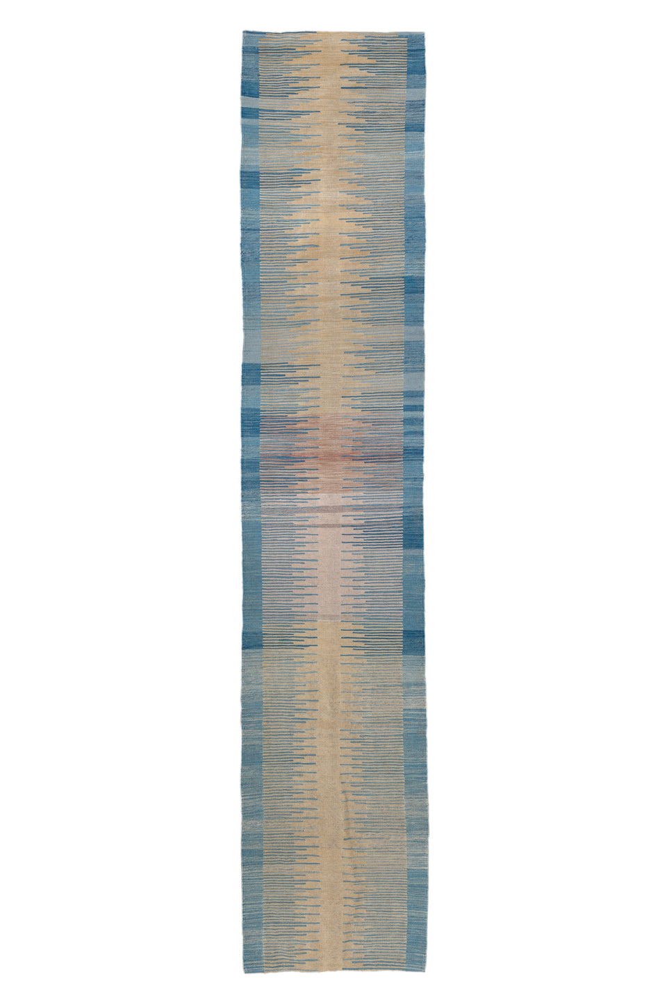 2' x 13' one-of-a-kind handmade vintage Kilim runner rug. Color palette: blue, brown, gray, light gray, off-white, pink