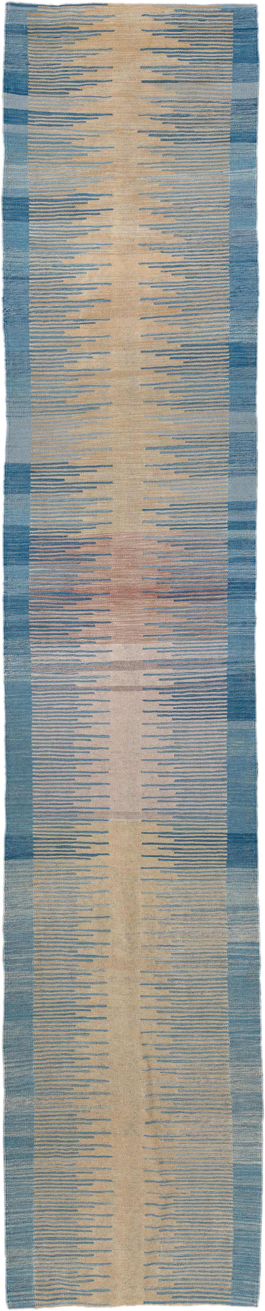 2' x 13' one-of-a-kind handmade vintage Kilim runner rug. Color palette: ivory, sky_blue, slate_blue, taupe, rose