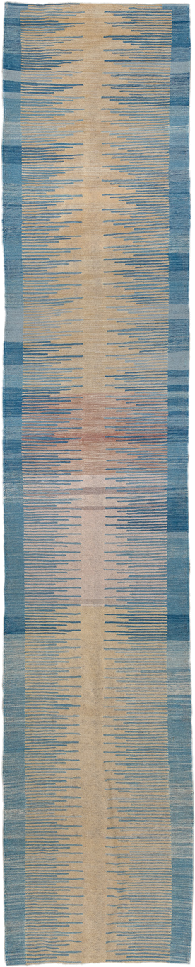 2' x 13' one-of-a-kind handmade vintage Kilim runner rug. Color palette: ivory, sky_blue, slate_blue, taupe, rose