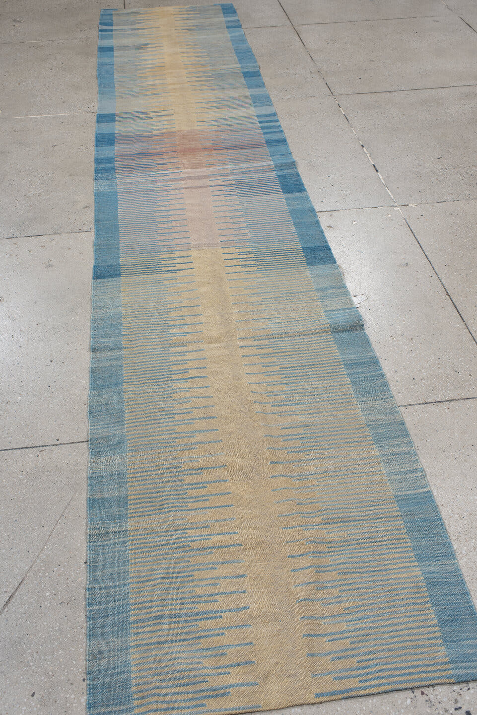 2' x 13' one-of-a-kind handmade vintage Kilim runner rug. Color palette: ivory, sky_blue, slate_blue, taupe, rose