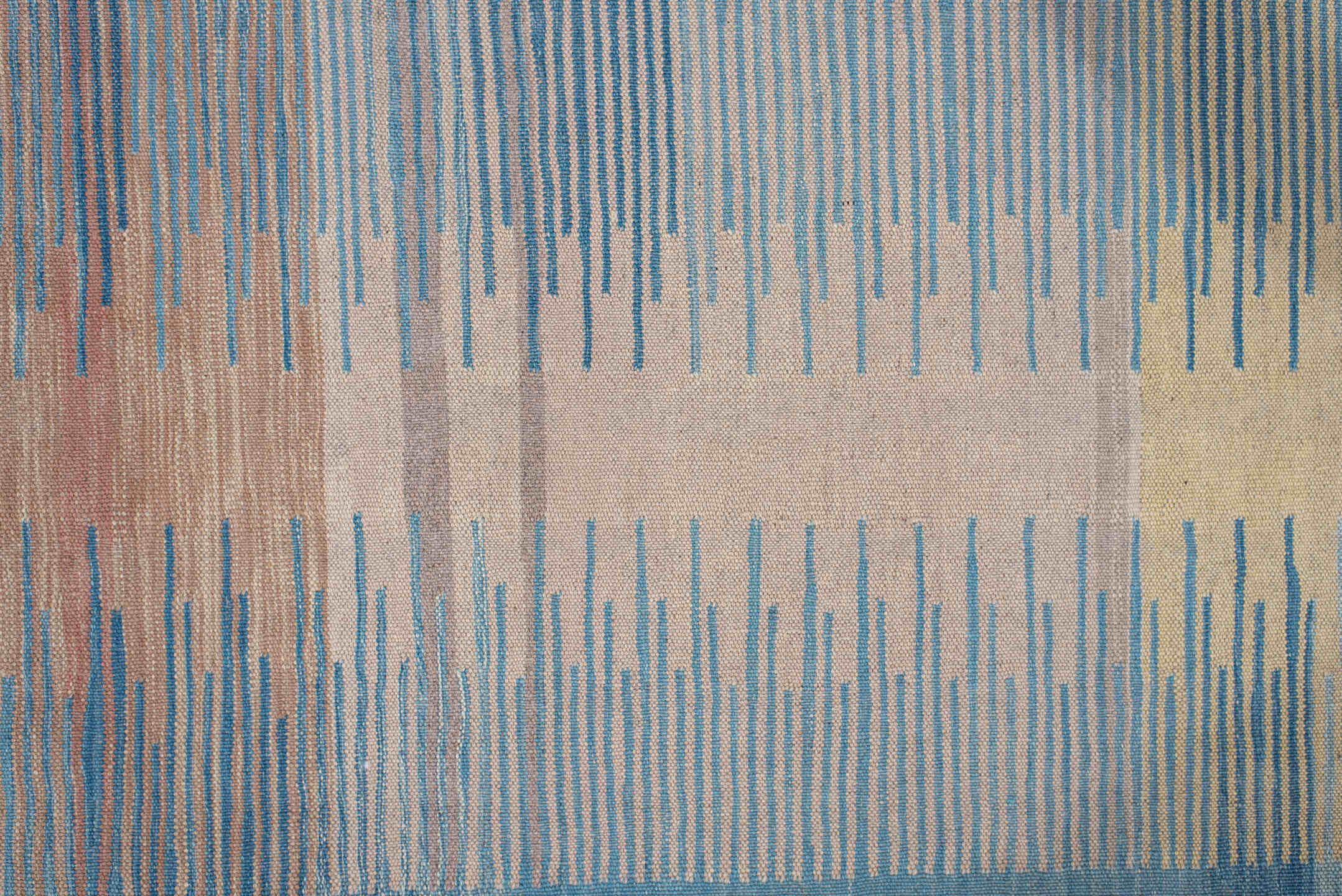 2' x 13' one-of-a-kind handmade vintage Kilim runner rug. Color palette: blue, brown, gray, light gray, off-white, pink