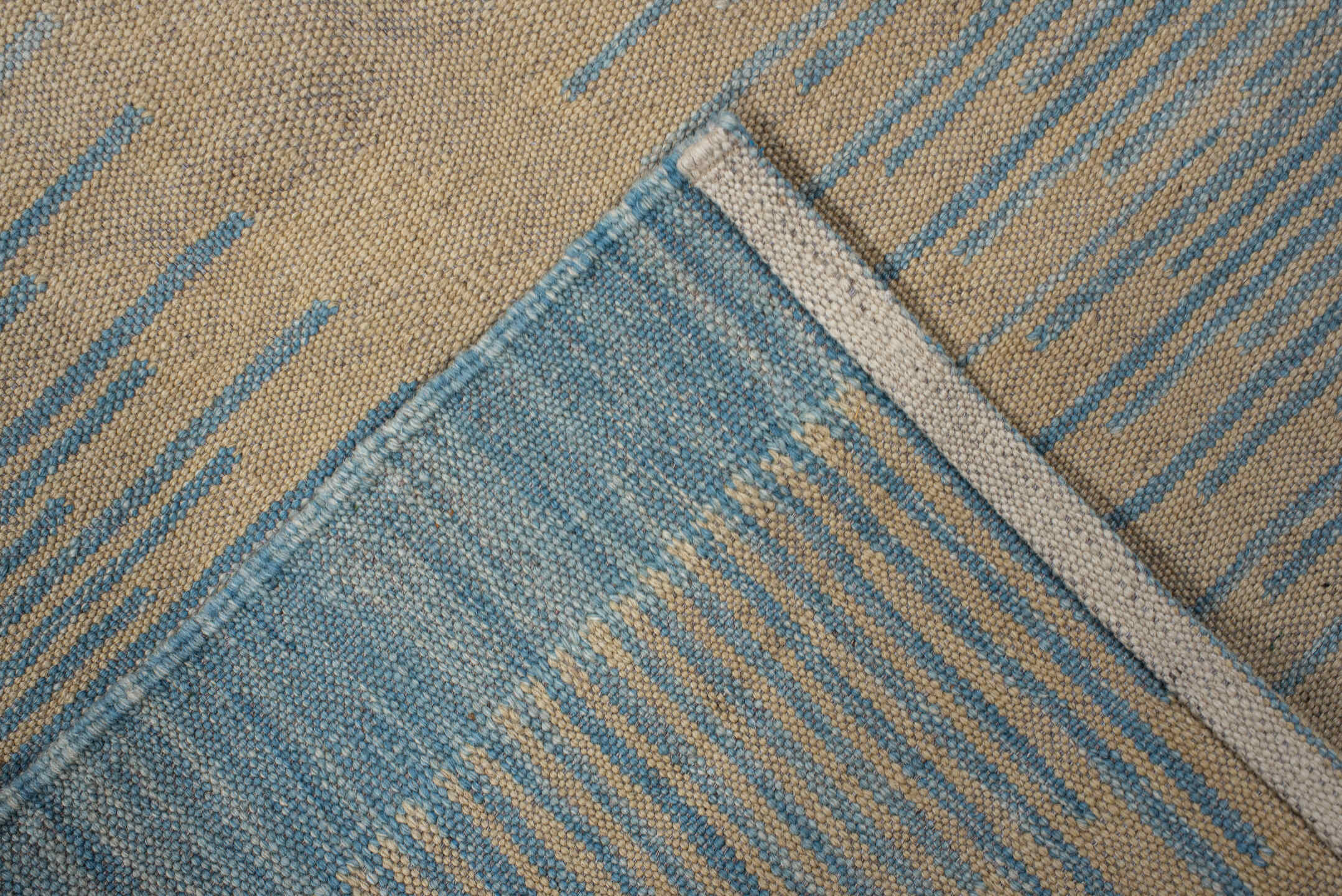 2' x 13' one-of-a-kind handmade vintage Kilim runner rug. Color palette: ivory, sky_blue, slate_blue, taupe, rose