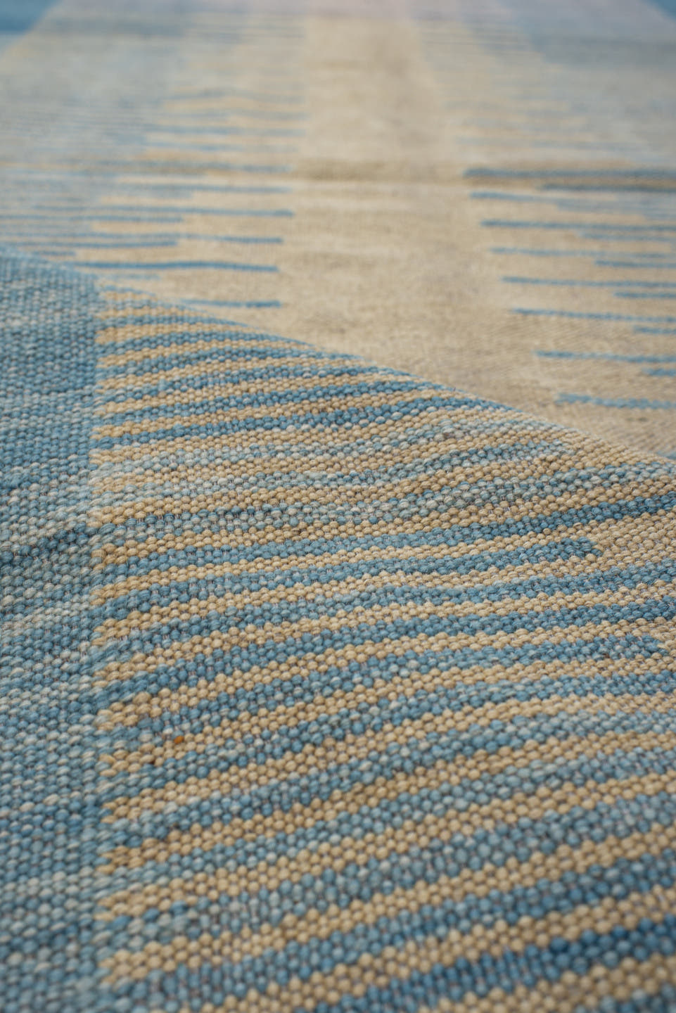 2' x 13' one-of-a-kind handmade vintage Kilim runner rug. Color palette: ivory, sky_blue, slate_blue, taupe, rose