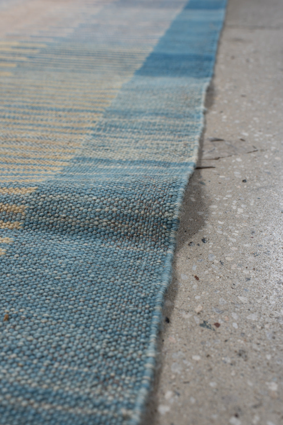 2' x 13' one-of-a-kind handmade vintage Kilim runner rug. Color palette: blue, brown, gray, light gray, off-white, pink