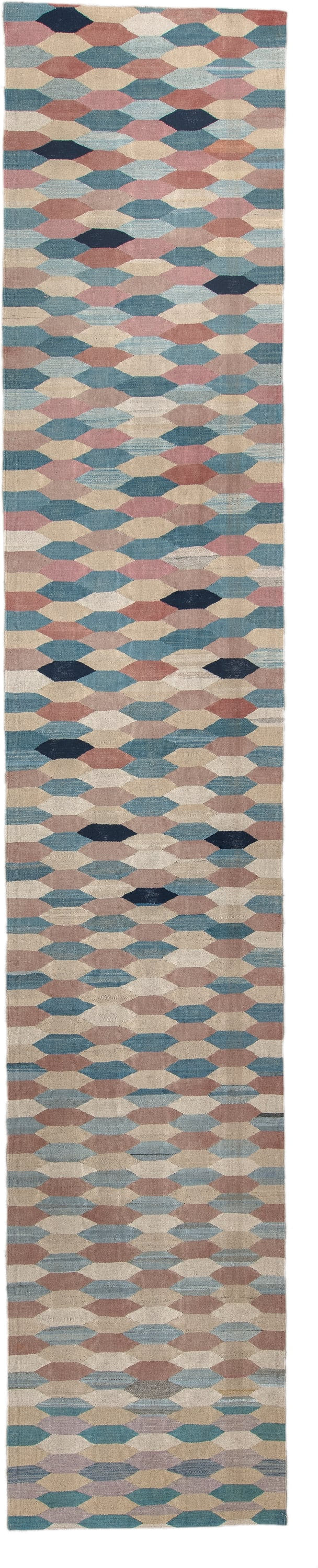 3' x 16' one-of-a-kind handmade vintage Kilim runner rug. Color palette: ivory, sky_blue, rose, taupe, navy, beige