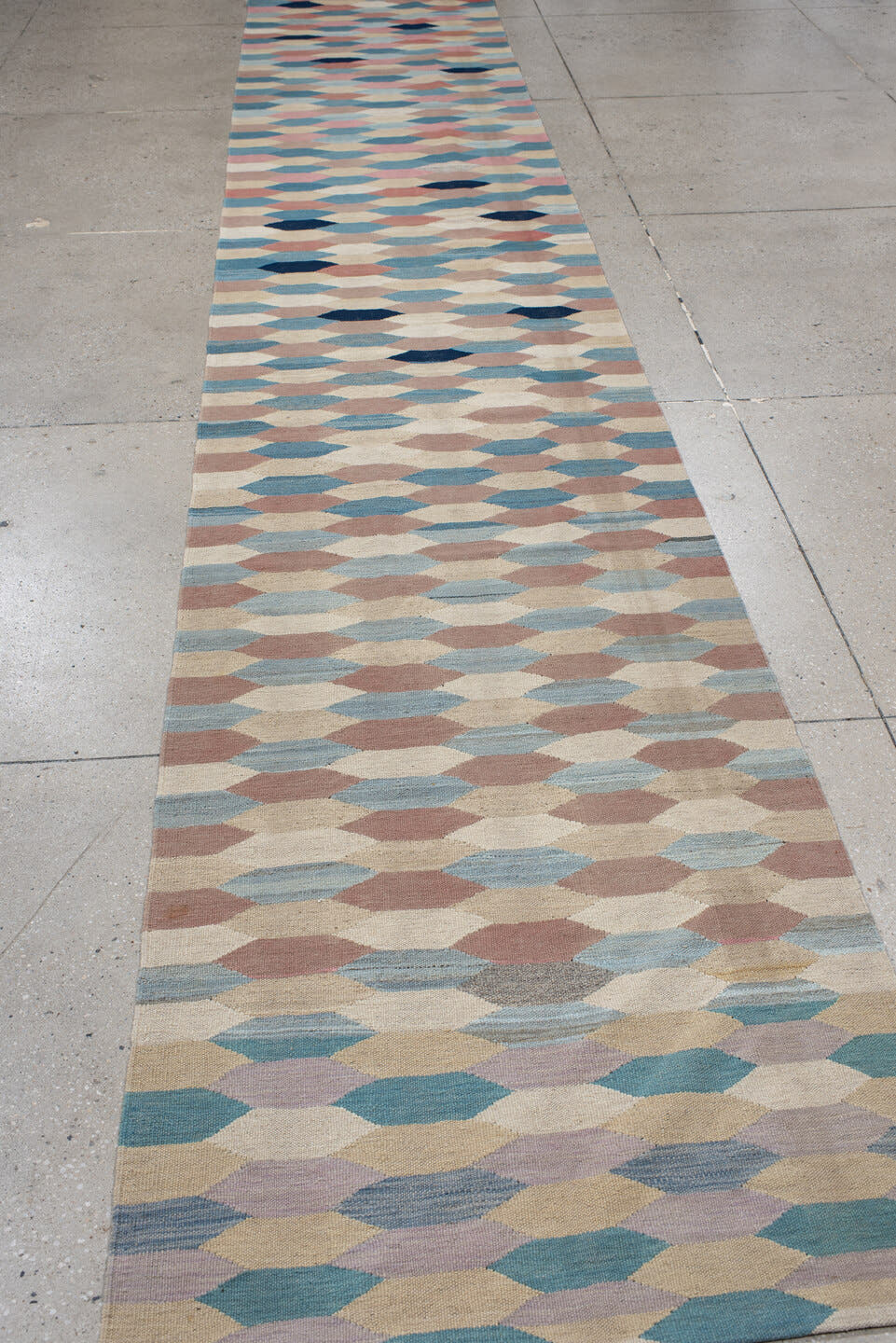 3' x 16' one-of-a-kind handmade vintage Kilim runner rug. Color palette: ivory, sky_blue, rose, taupe, navy, beige