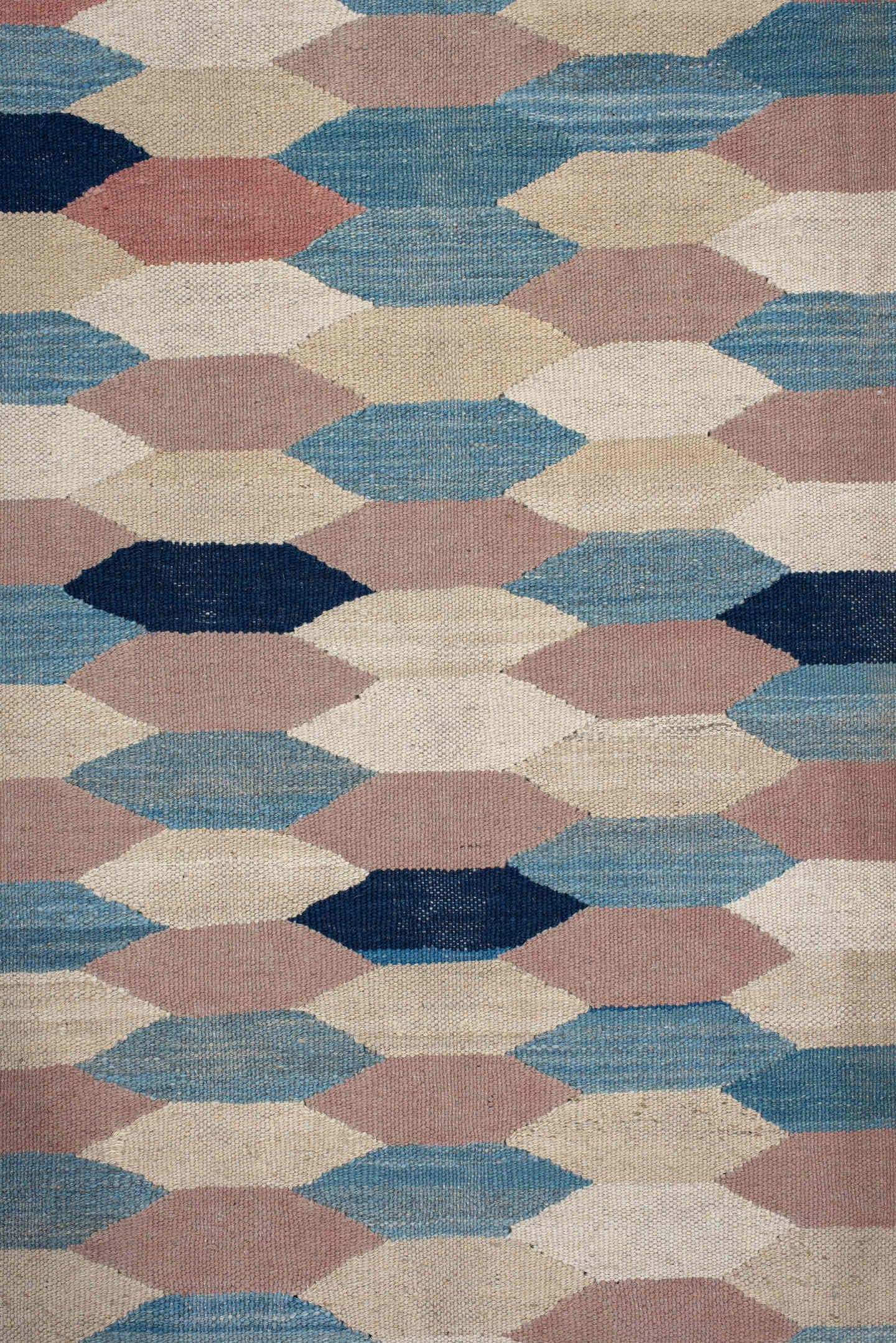 3' x 16' one-of-a-kind handmade vintage Kilim runner rug. Color palette: ivory, sky_blue, rose, taupe, navy, beige