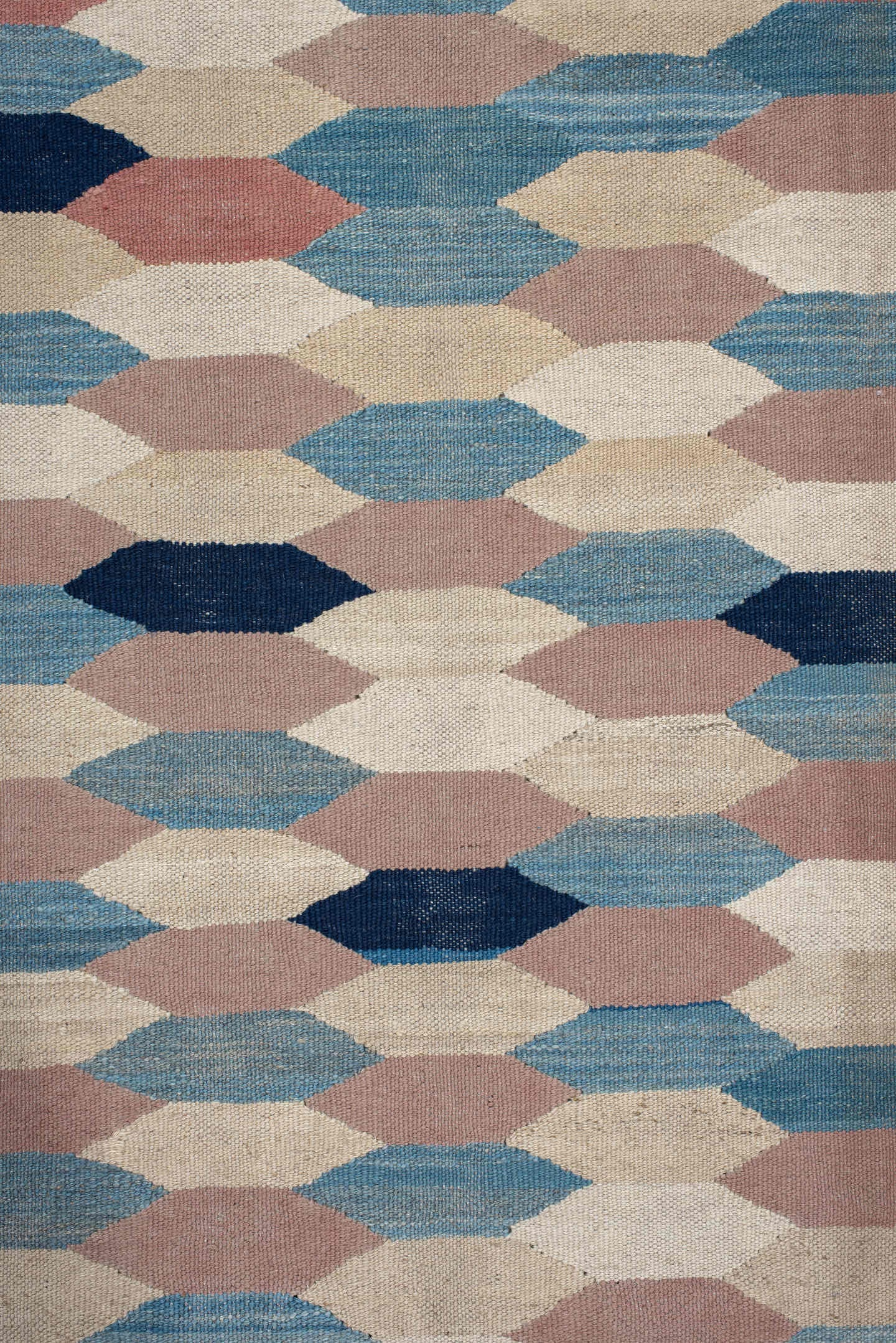 3' x 16' one-of-a-kind handmade vintage Kilim runner rug. Color palette: ivory, sky_blue, rose, taupe, navy, beige