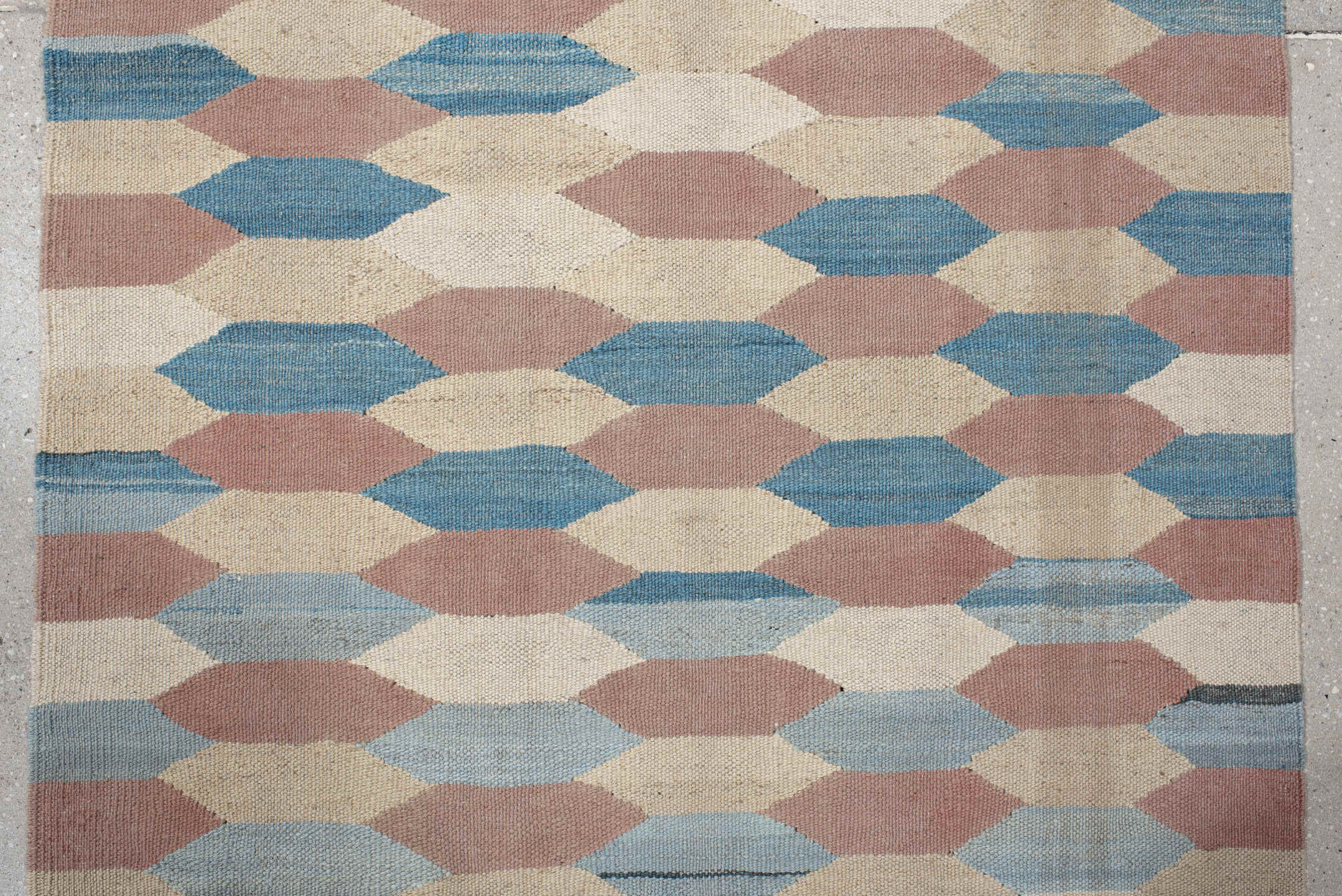 3' x 16' one-of-a-kind handmade vintage Kilim runner rug. Color palette: ivory, sky_blue, rose, taupe, navy, beige
