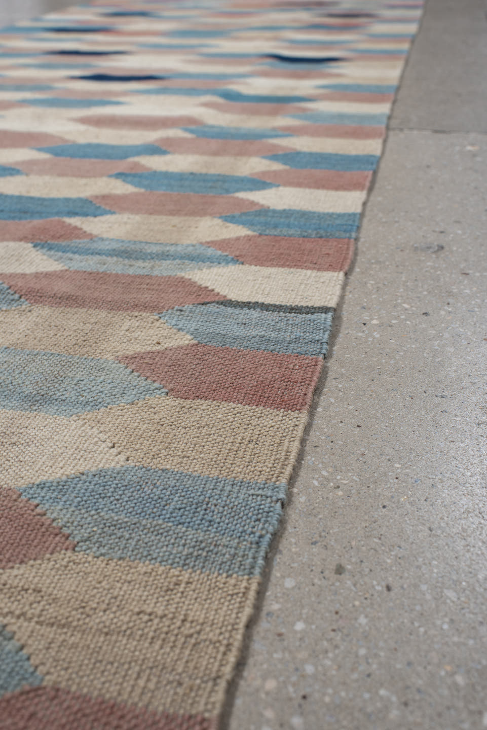 3' x 16' one-of-a-kind handmade vintage Kilim runner rug. Color palette: ivory, sky_blue, rose, taupe, navy, beige