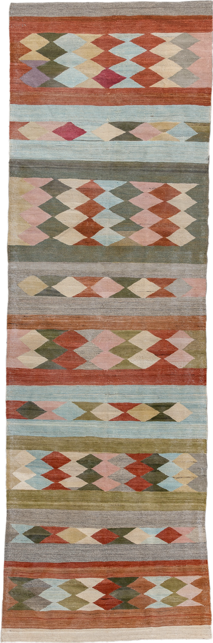 3' x 9' one-of-a-kind handmade vintage Kilim runner rug. Color palette: rust, gray, olive, ivory, sky_blue, blush, taupe