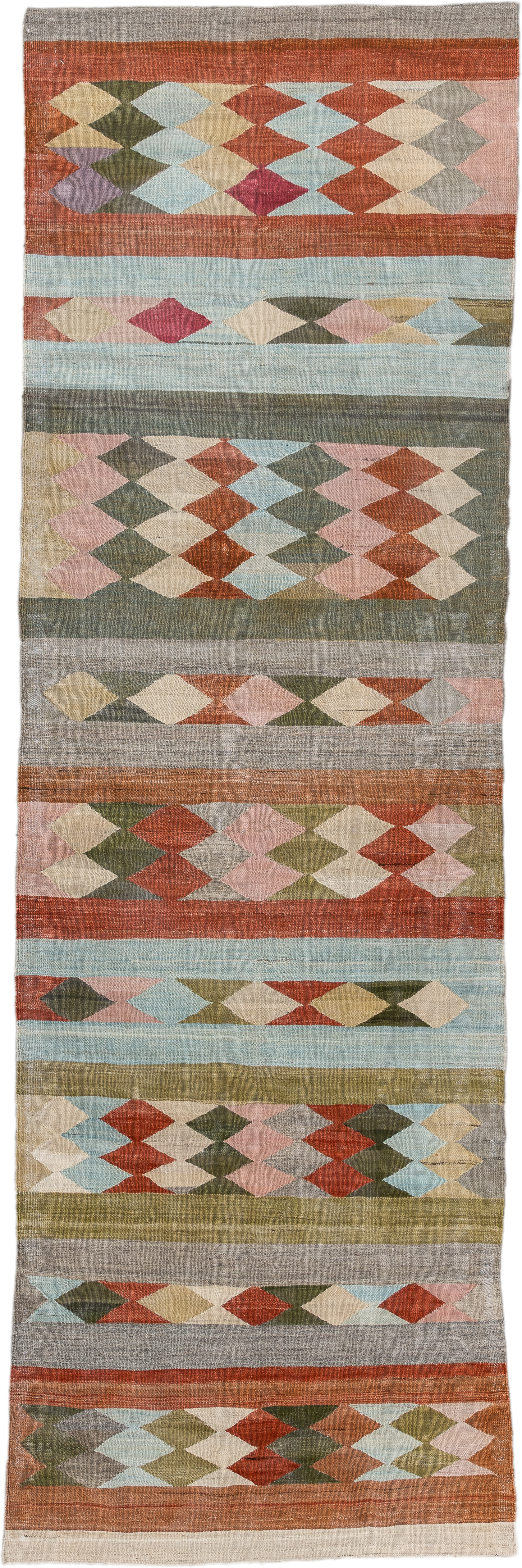 3' x 9' one-of-a-kind handmade vintage Kilim runner rug. Color palette: rust, gray, olive, ivory, sky_blue, blush, taupe