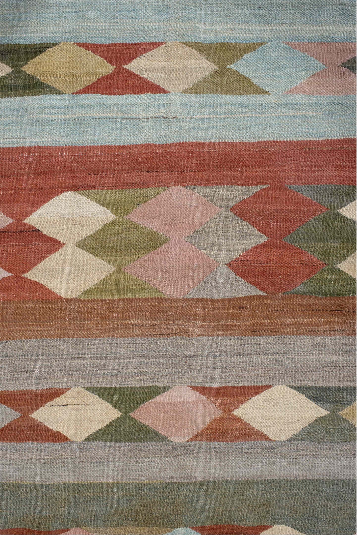 3' x 9' one-of-a-kind handmade vintage Kilim runner rug. Color palette: rust, gray, olive, ivory, sky_blue, blush, taupe